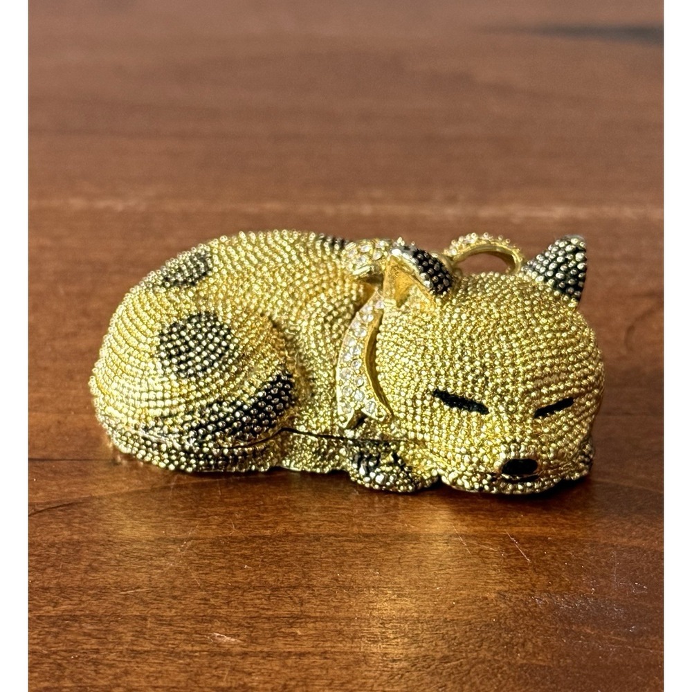 Cat Trinket Box, Sparkly Metal, CZ Collar black Stones Enamel Interior VGC
